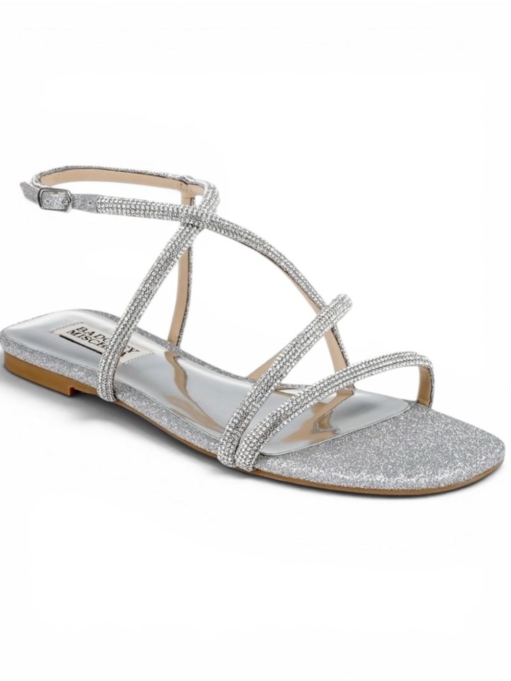 BADGLEY MISCHKA IVIE SILVER SHIMMER CRYSTAL DRESSY EVENING STRAPPY FLAT SANDAL